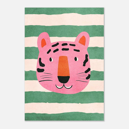 Barnrumsposter med en vänlig rosa tiger i enkel och charmig illustration