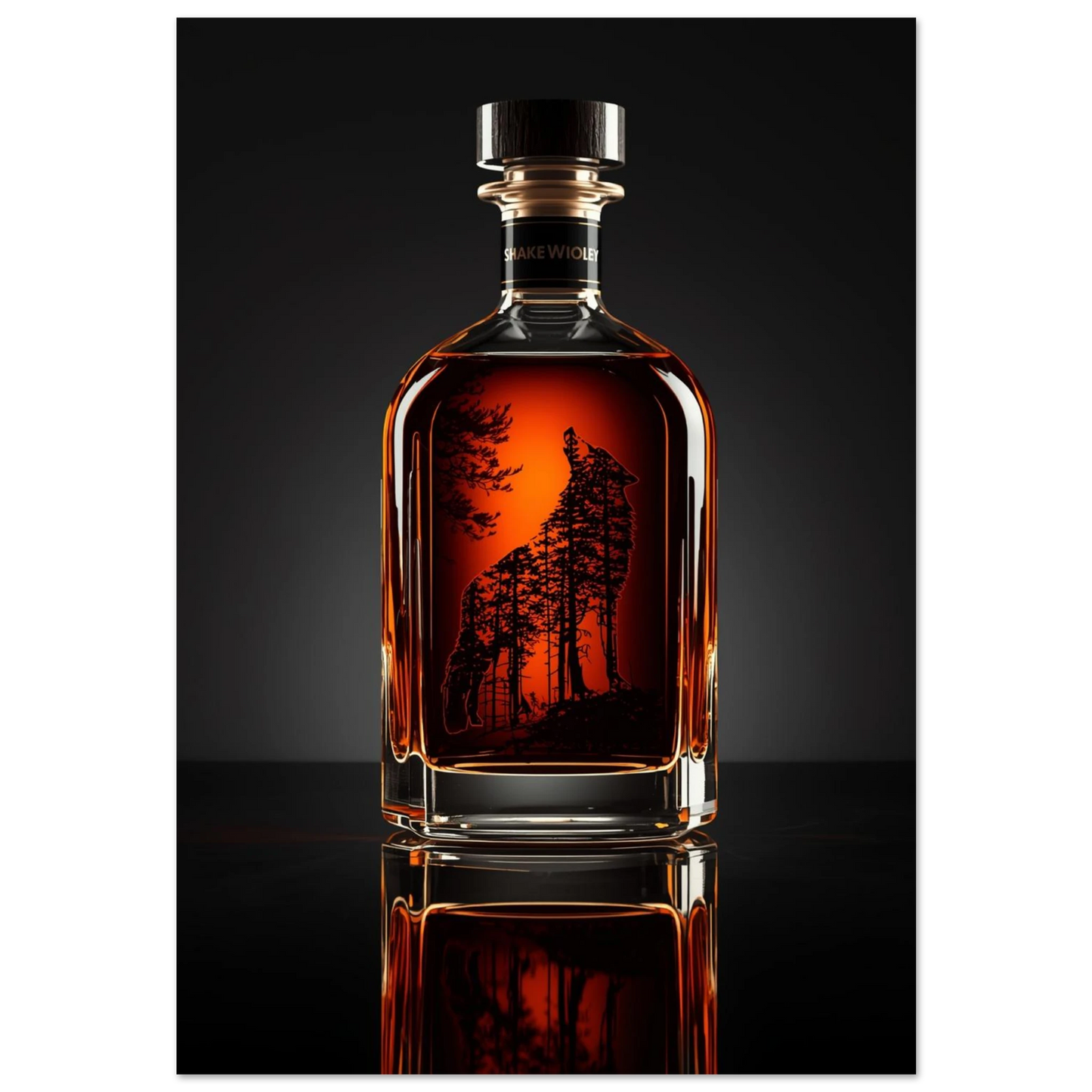 Ylande varg i skogssiluett inuti en bärnstensfärgad whiskyflaska, mörk bakgrund