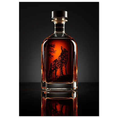 Ylande varg i skogssiluett inuti en bärnstensfärgad whiskyflaska, mörk bakgrund