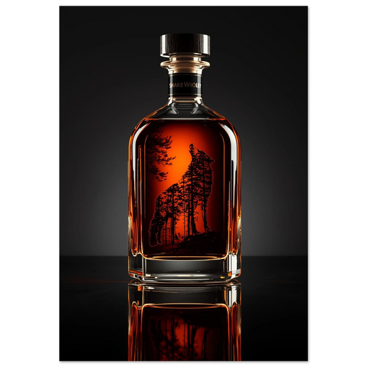 Ylande varg i skogssiluett inuti en bärnstensfärgad whiskyflaska, mörk bakgrund