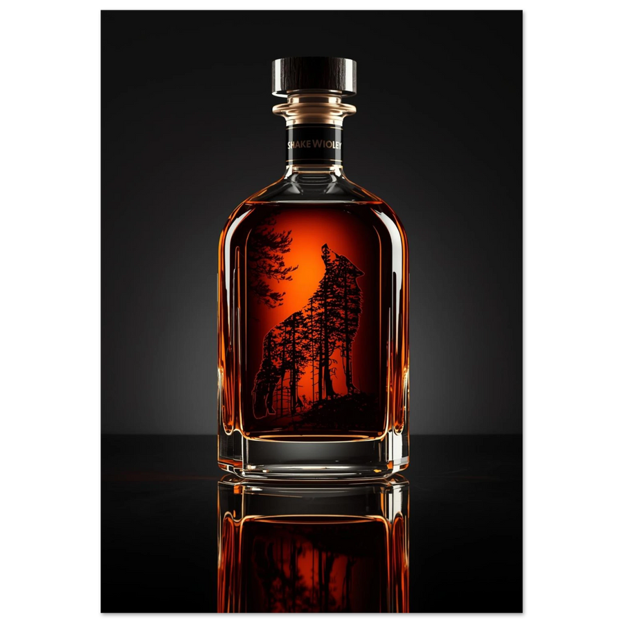 Ylande varg i skogssiluett inuti en bärnstensfärgad whiskyflaska, mörk bakgrund