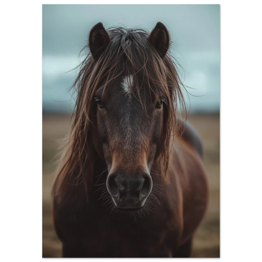 Närbild på brun islandshäst med rufsig man – fotorealistisk poster