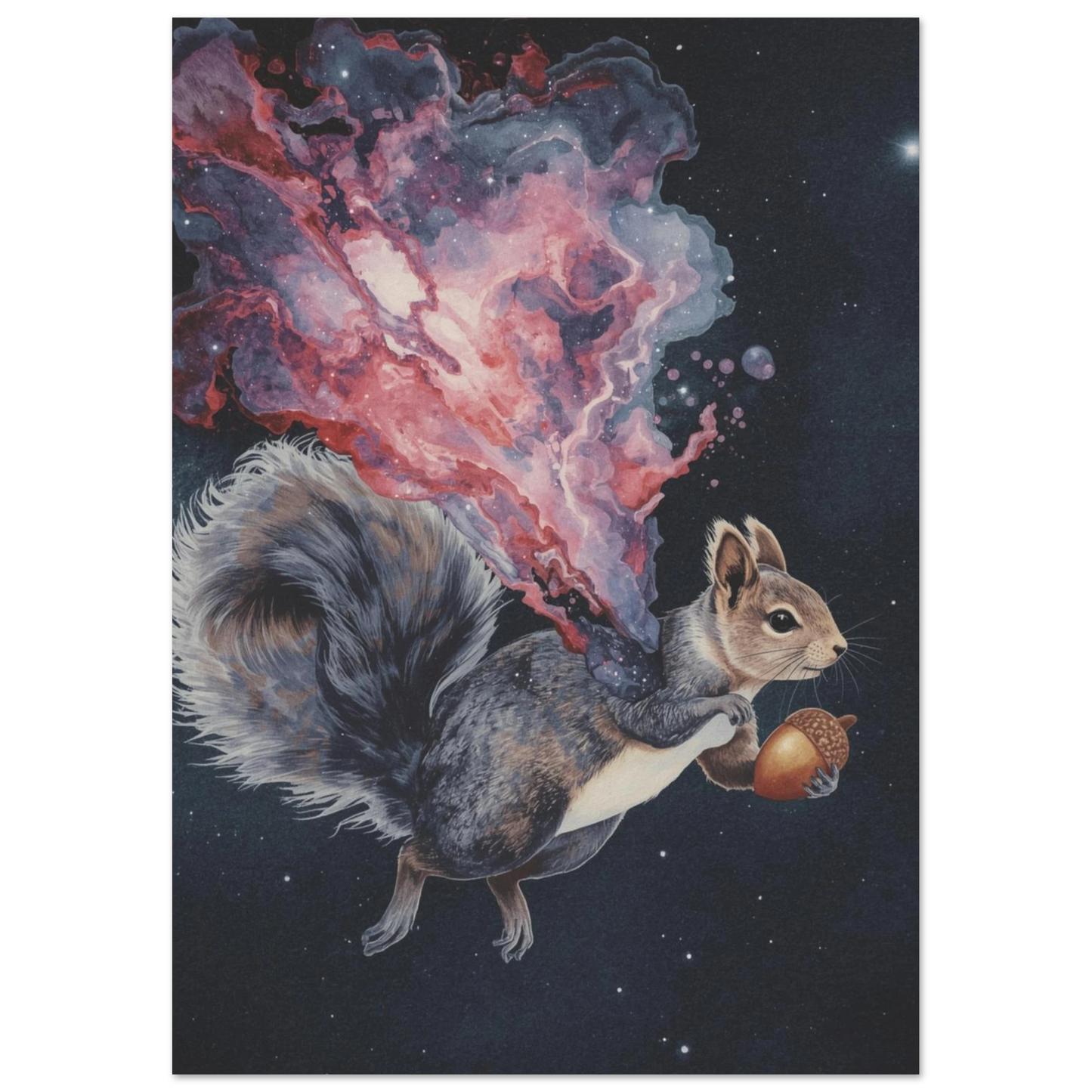Kosmiskt djurmotiv med ekorre och lila galaxmoln på mörk bakgrund