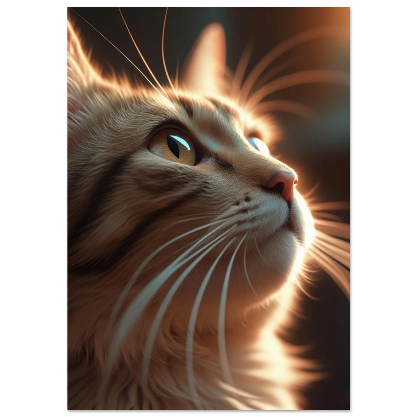 Närbild av rödtabby katt som blickar uppåt i varmt motljus