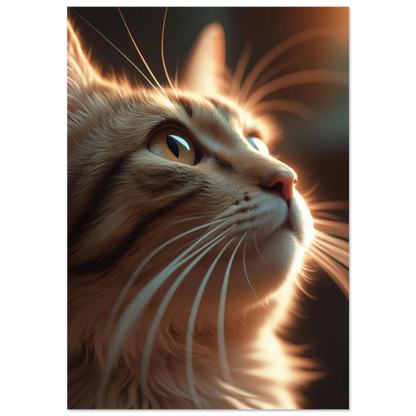 Närbild av rödtabby katt som blickar uppåt i varmt motljus