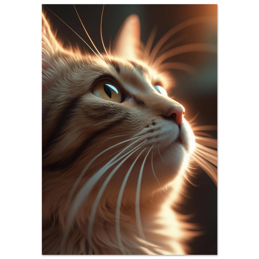 Närbild av rödtabby katt som blickar uppåt i varmt motljus