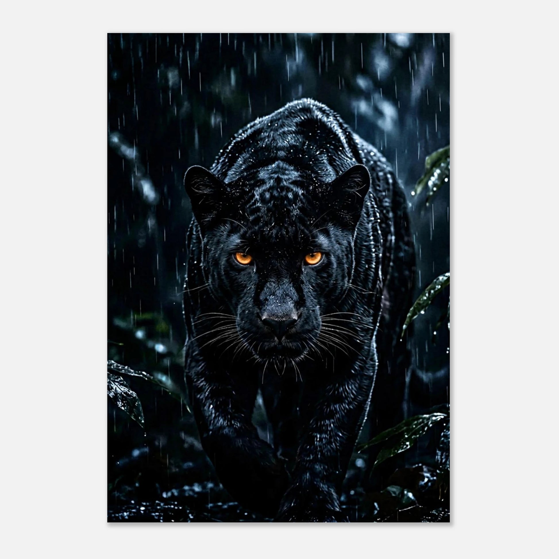 Exotiskt djurmotiv av en blöt svart panter i tropisk miljö – stilren poster
