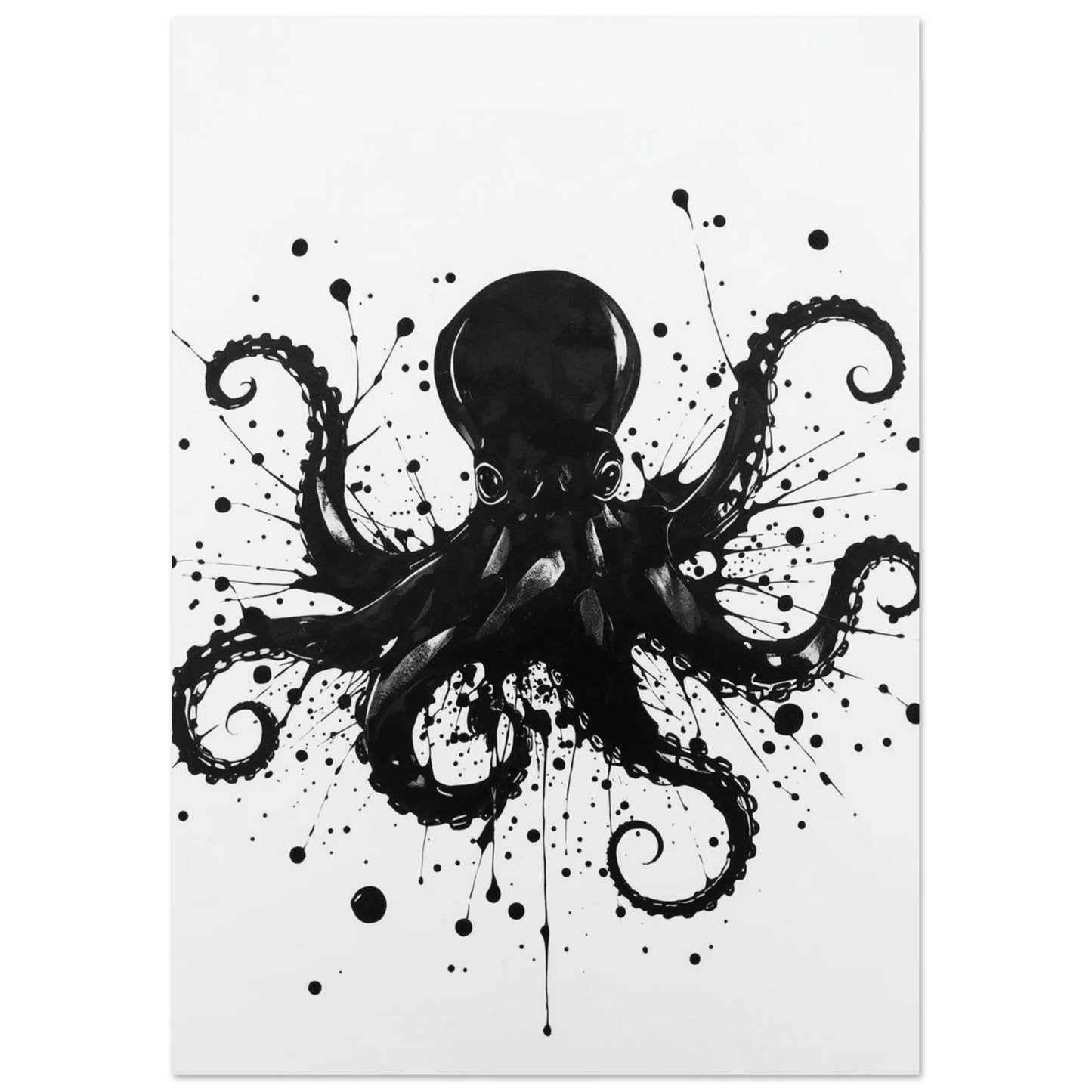 Minimalistisk illustration av en bläckfisk med böljande armar och bläckdroppar