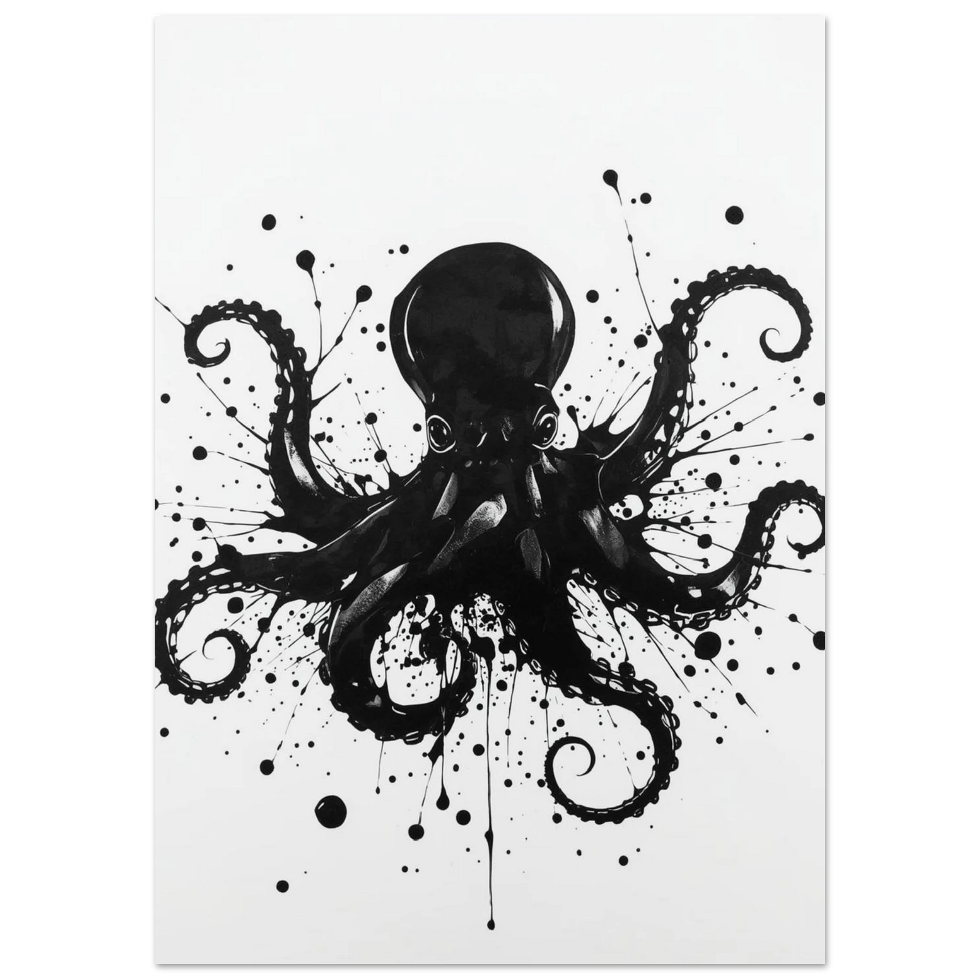 Minimalistisk illustration av en bläckfisk med böljande armar och bläckdroppar