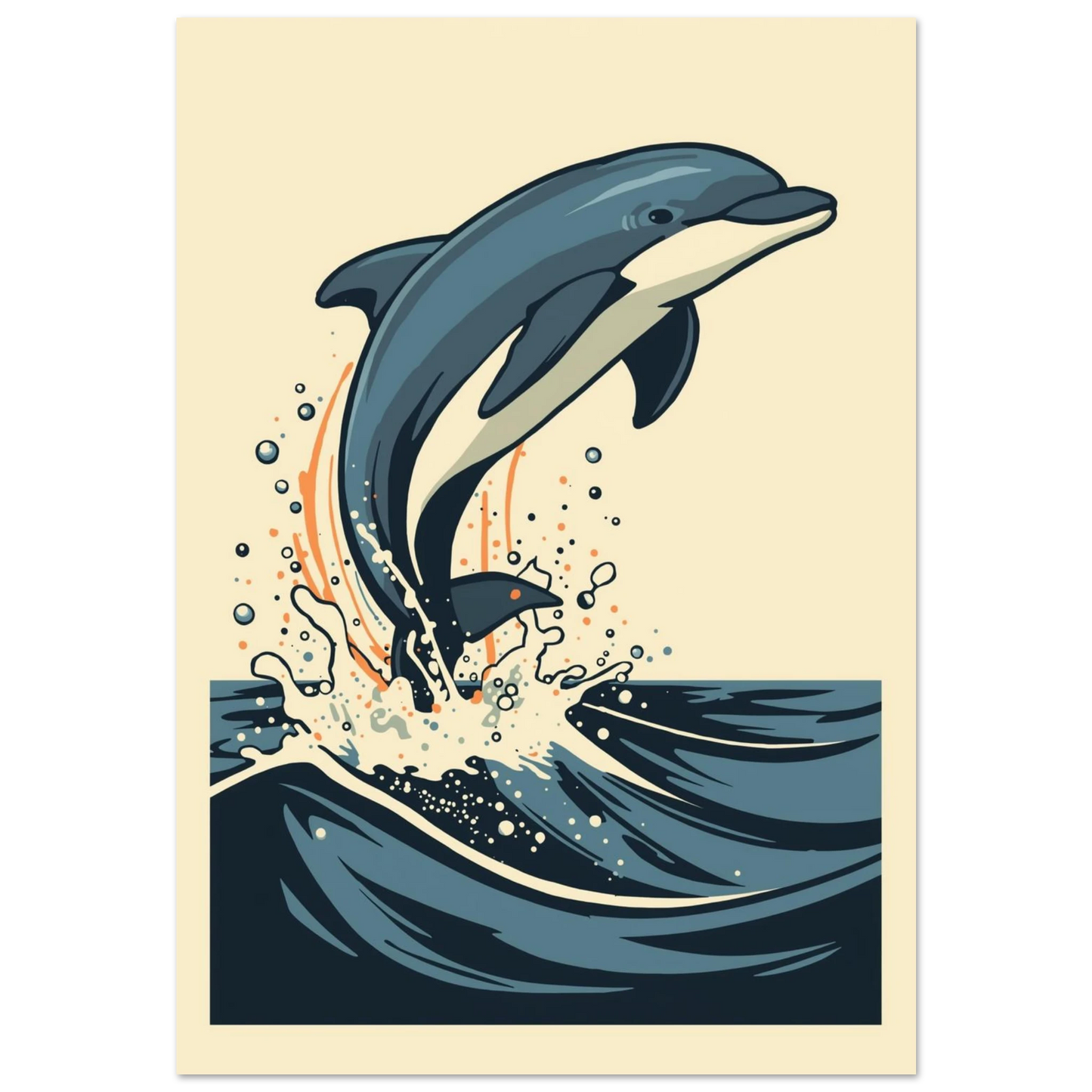 Blå delfin som hoppar ur mörka vågor, grafisk serieillustration