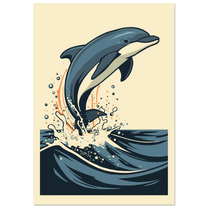 Blå delfin som hoppar ur mörka vågor, grafisk serieillustration