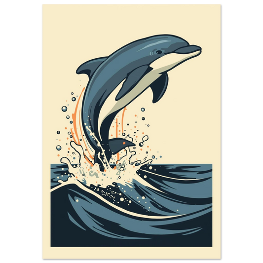 Blå delfin som hoppar ur mörka vågor, grafisk serieillustration