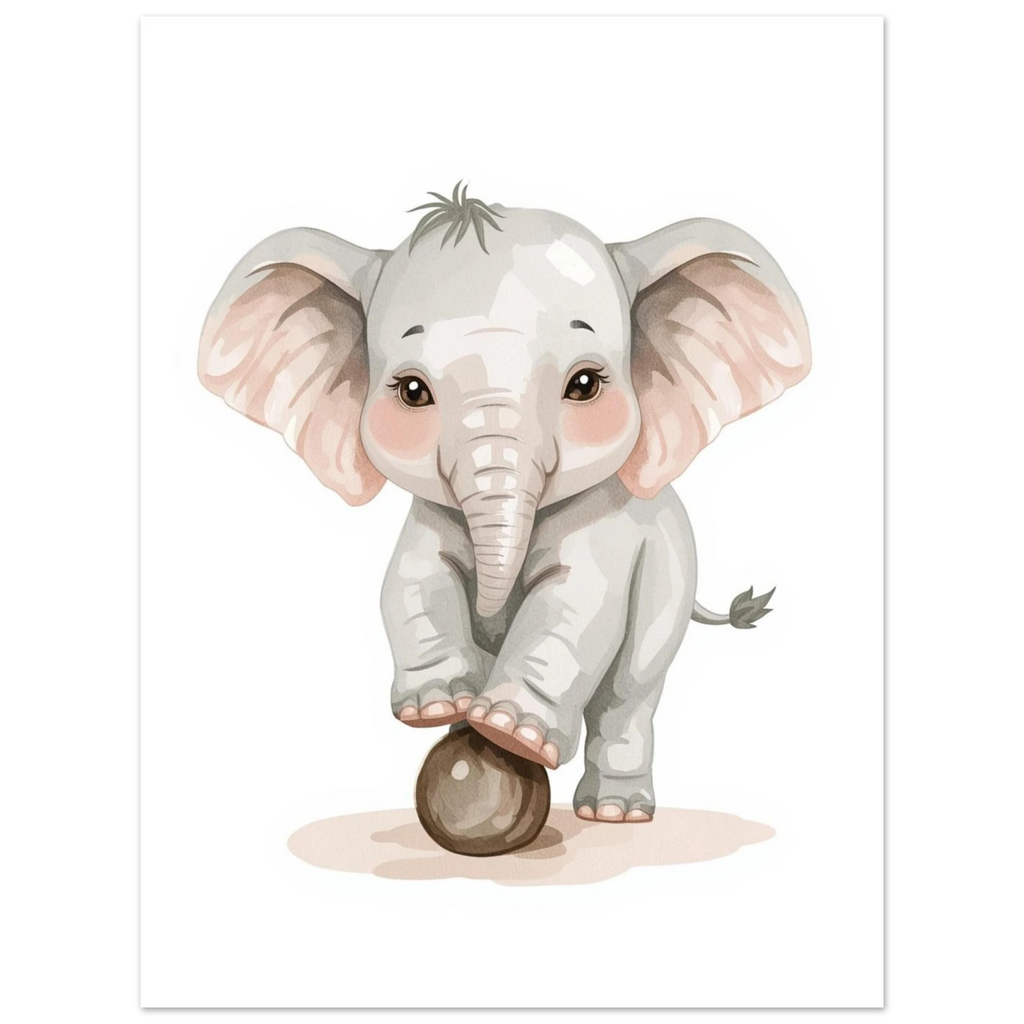 Mjuk akvarellmålning av en liten elefant som leker, djurmotiv