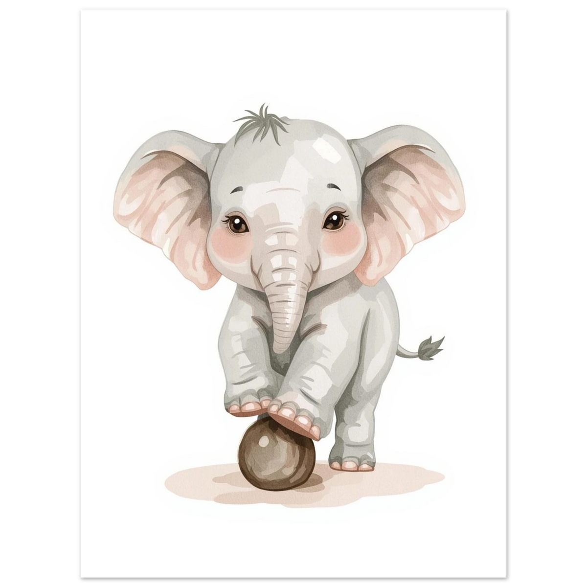 Mjuk akvarellmålning av en liten elefant som leker, djurmotiv