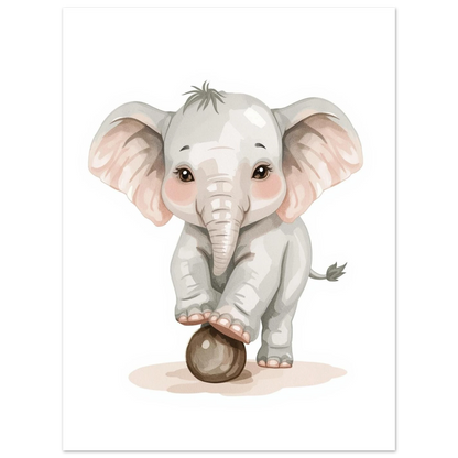 Mjuk akvarellmålning av en liten elefant som leker, djurmotiv