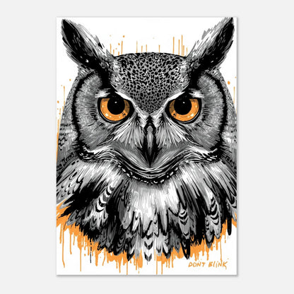 Svartvit uggleposter med orange accenter och texten Don't Blink