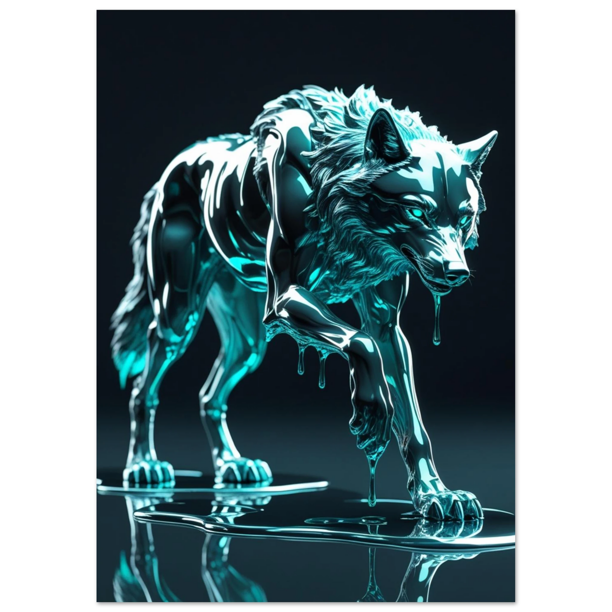 Digital illustration av en metallisk varg i flytande turkos form