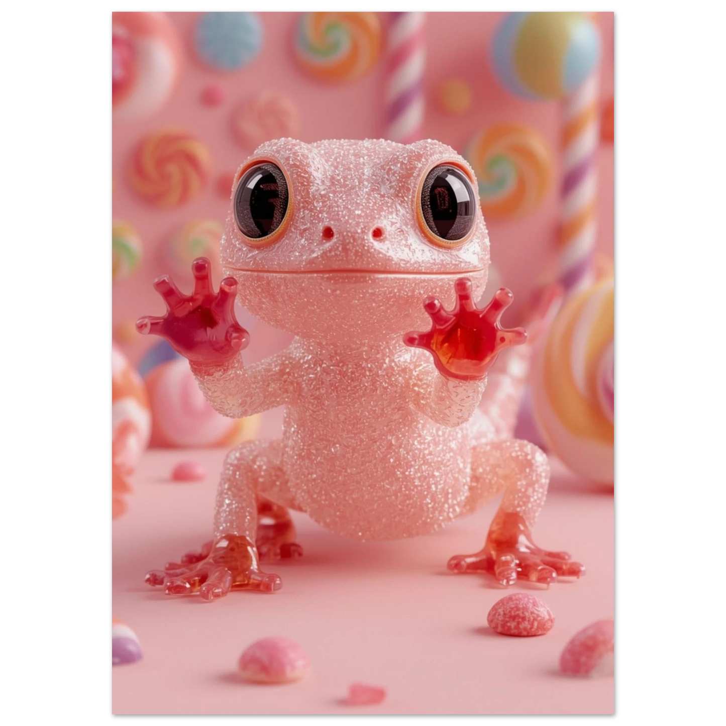 Närbild på en genomskinlig rosa gecko med stora ögon i godismiljö