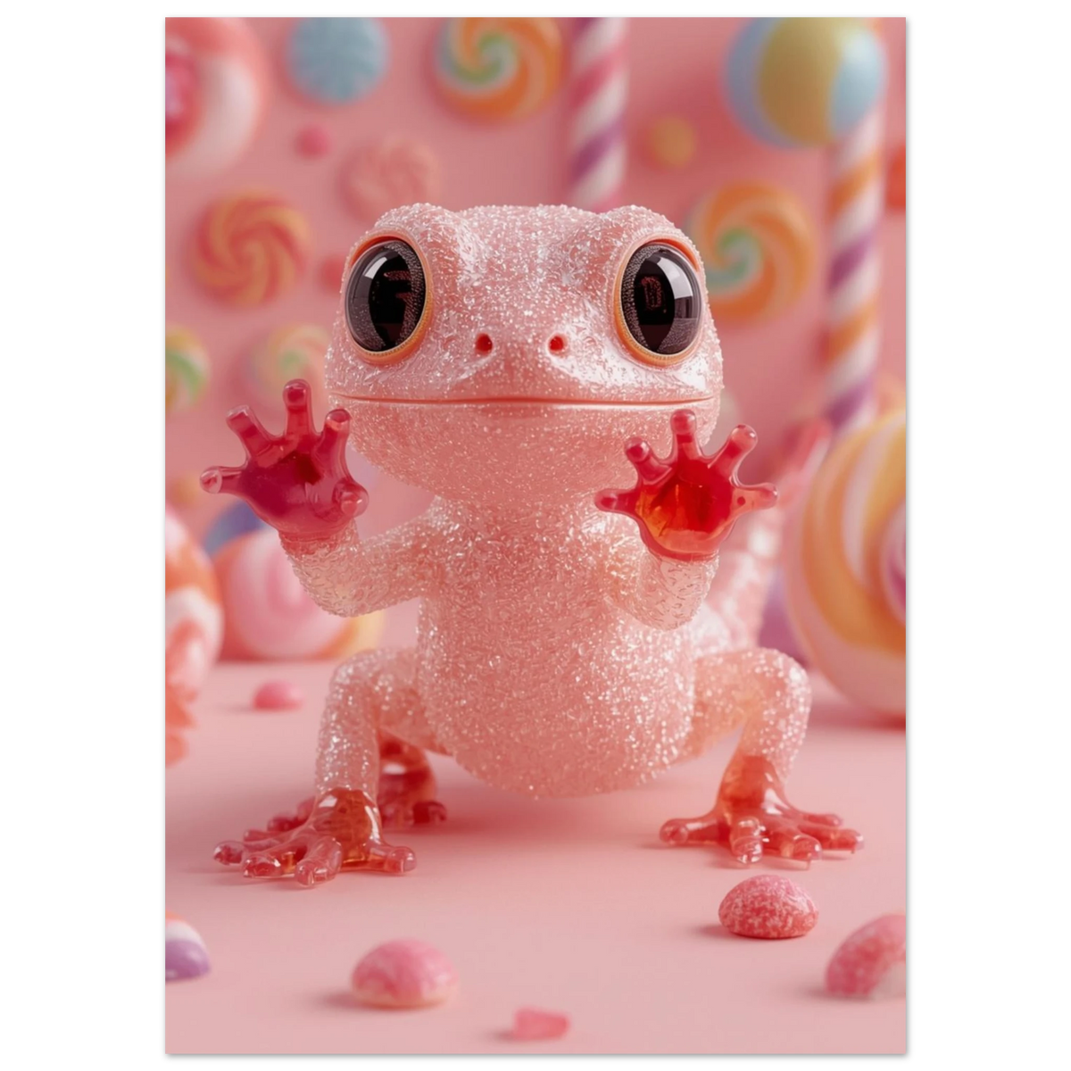 Närbild på en genomskinlig rosa gecko med stora ögon i godismiljö