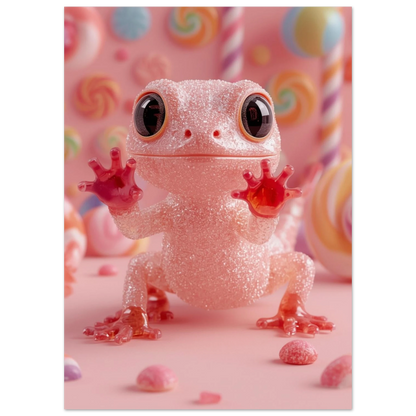 Närbild på en genomskinlig rosa gecko med stora ögon i godismiljö