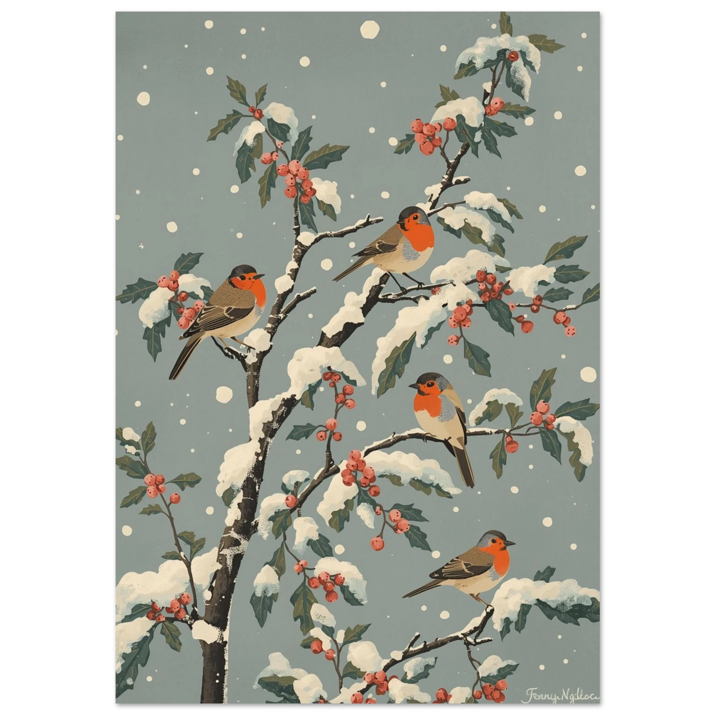 Rödhakar på snötäckta grenar med röda bär, vintage illustration i gråblå toner