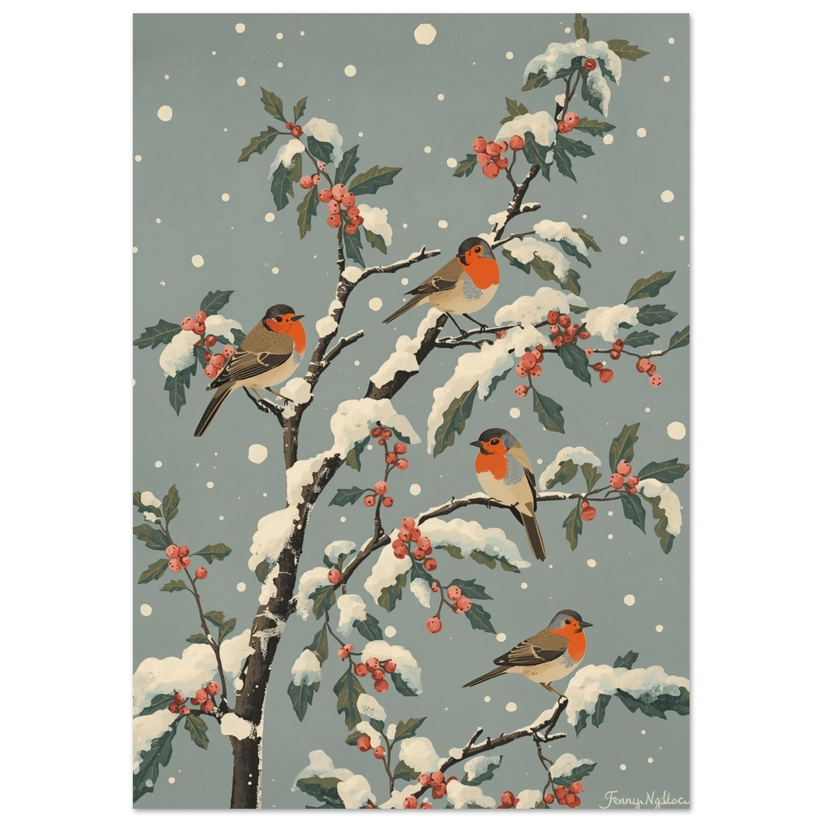 Rödhakar på snötäckta grenar med röda bär, vintage illustration i gråblå toner