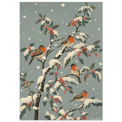 Rödhakar på snötäckta grenar med röda bär, vintage illustration i gråblå toner