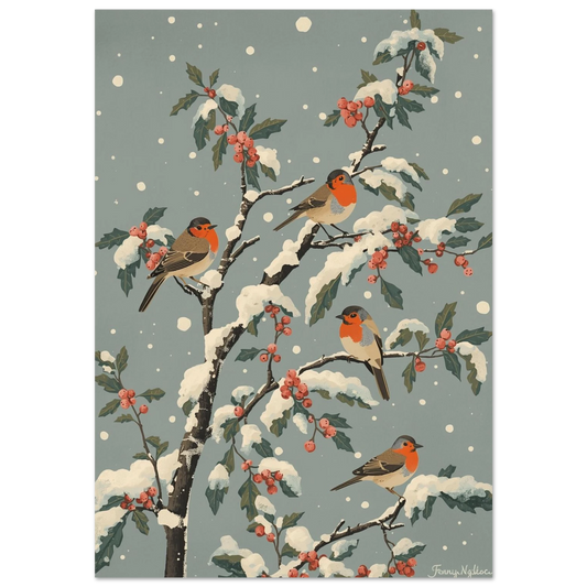 Rödhakar på snötäckta grenar med röda bär, vintage illustration i gråblå toner