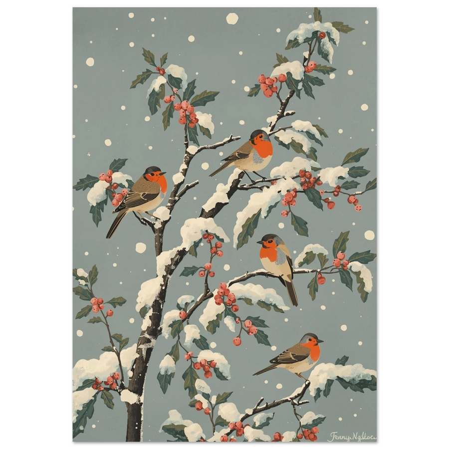 Rödhakar på snötäckta grenar med röda bär, vintage illustration i gråblå toner