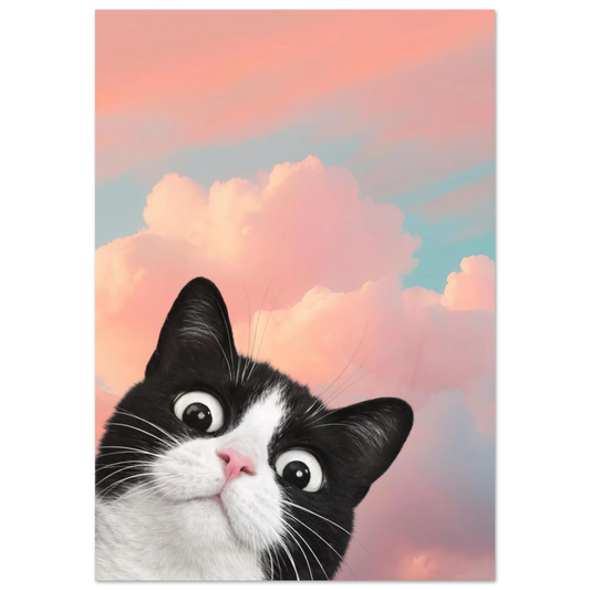 Svartvit katt med stora ögon som kikar fram, med rosa och blå moln i bakgrunden – Tecknad poster