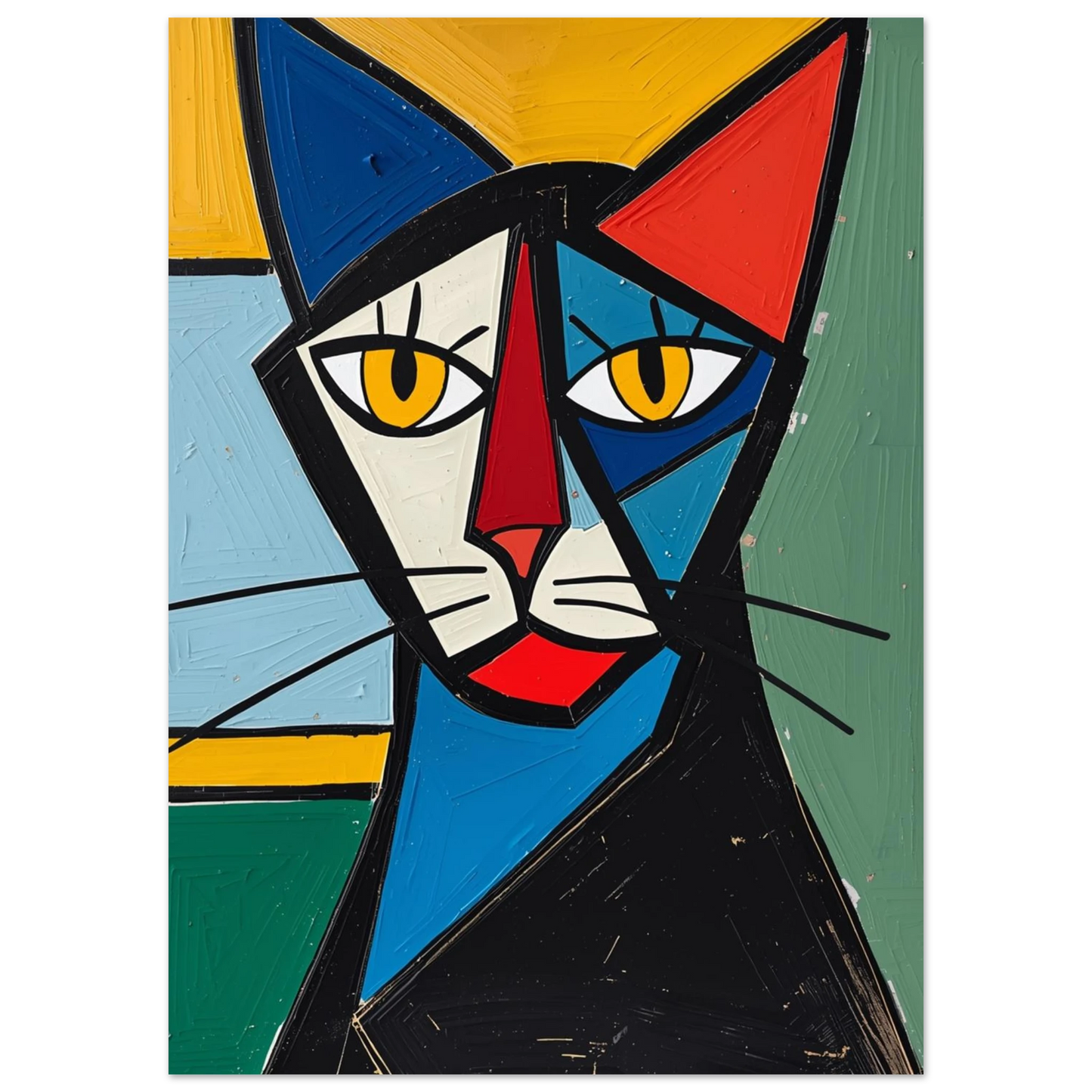 Abstrakt kattmotiv i Picassostil med gula ögon och skarpa linjer på svart