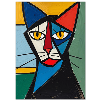 Abstrakt kattmotiv i Picassostil med gula ögon och skarpa linjer på svart