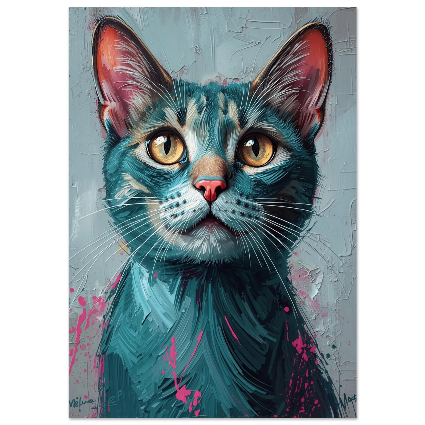 Närbild på turkos katt med guldgula ögon i expressionistisk stil