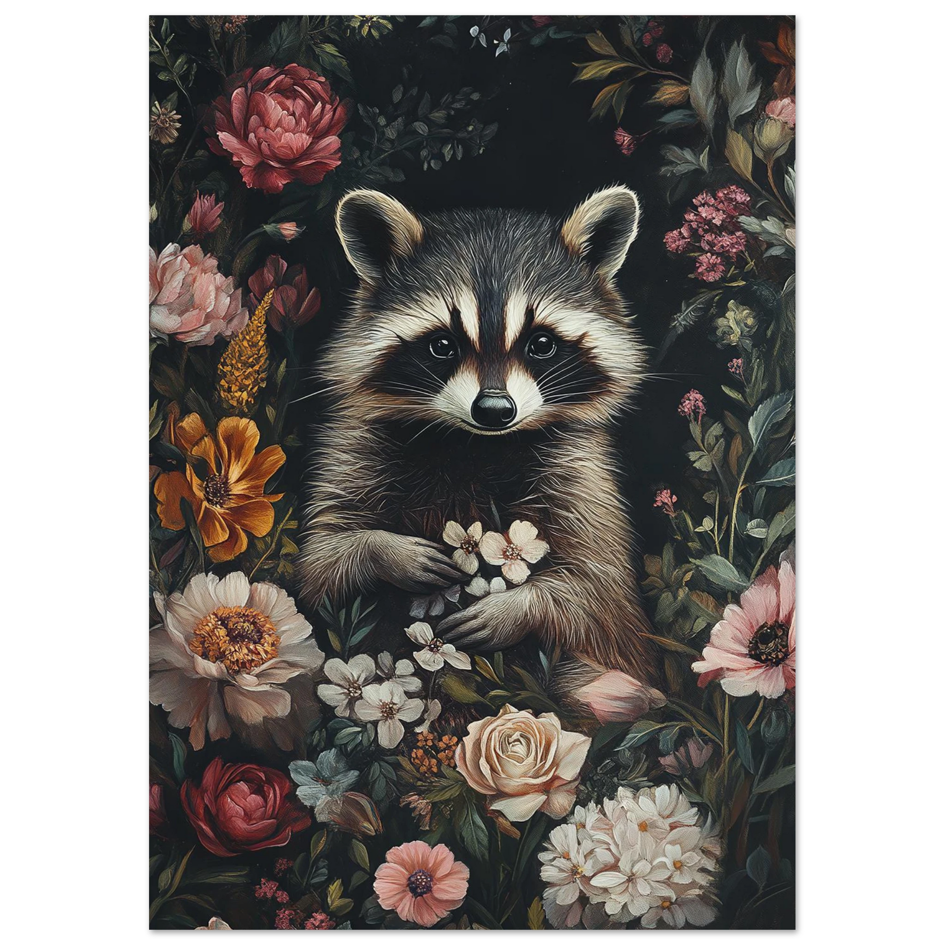 Konstnärlig illustration av en tvättbjörn bland dämpade rosa och gula blommor