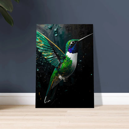 Kolibri i impastostil med skimrande gröna och blå fjädrar, guldaccenter