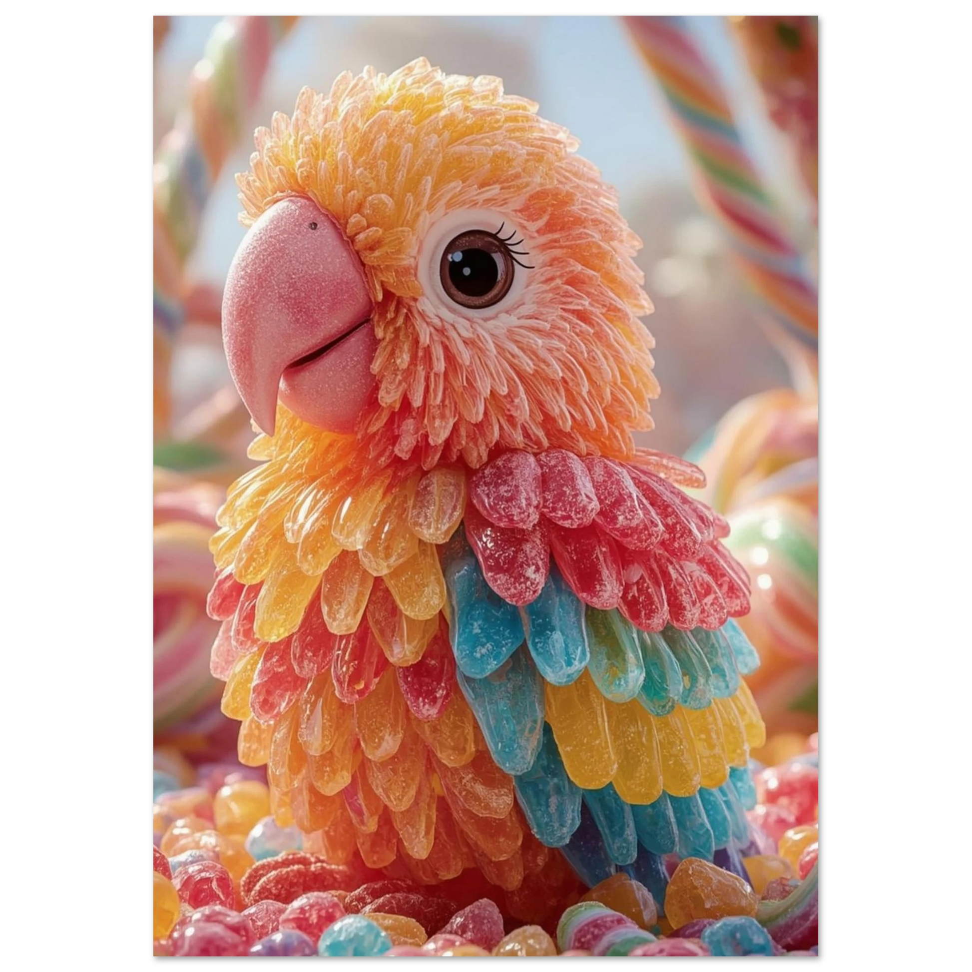 Detaljrik 3D-illustration av en papegoja täckt i sockerglaserat godis