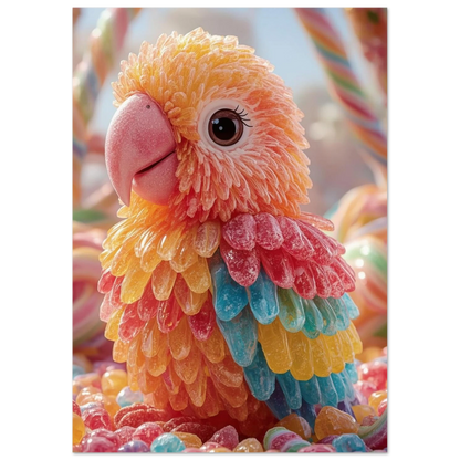 Detaljrik 3D-illustration av en papegoja täckt i sockerglaserat godis