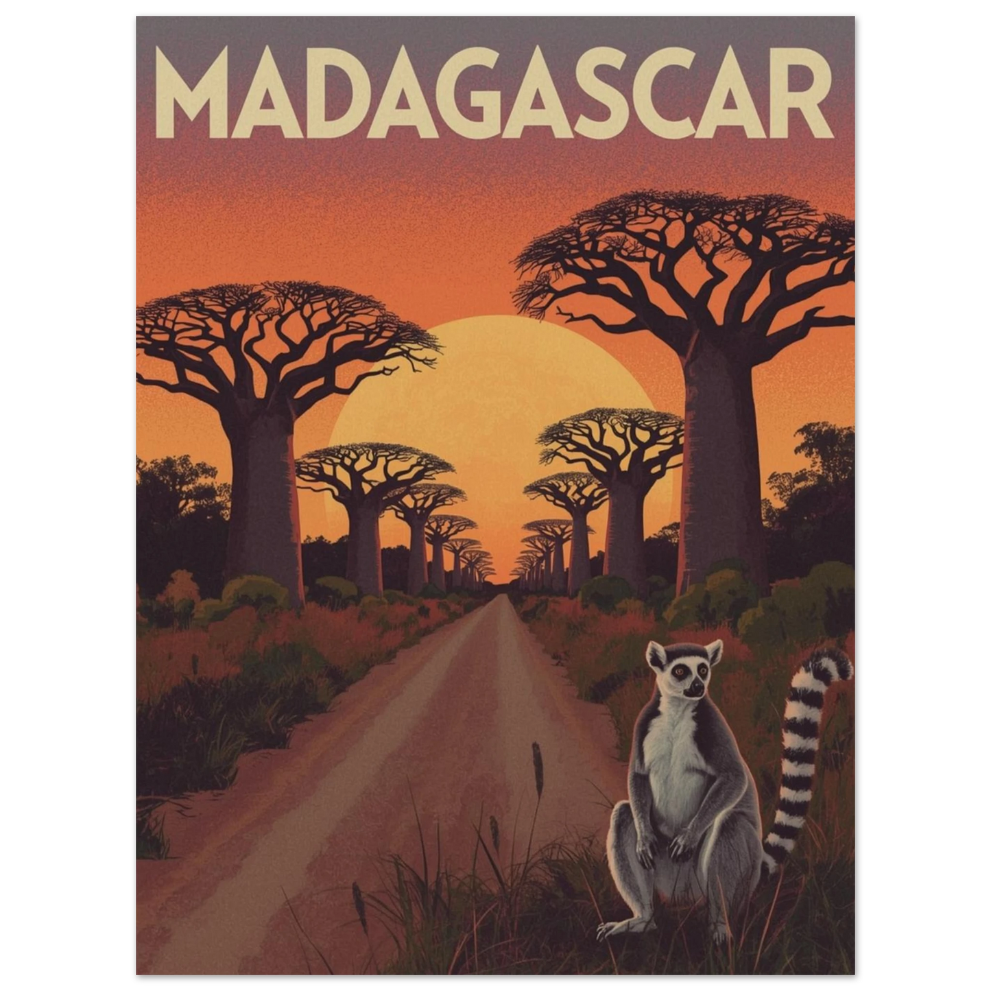 Reseinspirerad tavla med ringstjärtad lemur i ett afrikanskt savannlandskap