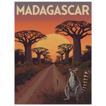Reseinspirerad tavla med ringstjärtad lemur i ett afrikanskt savannlandskap