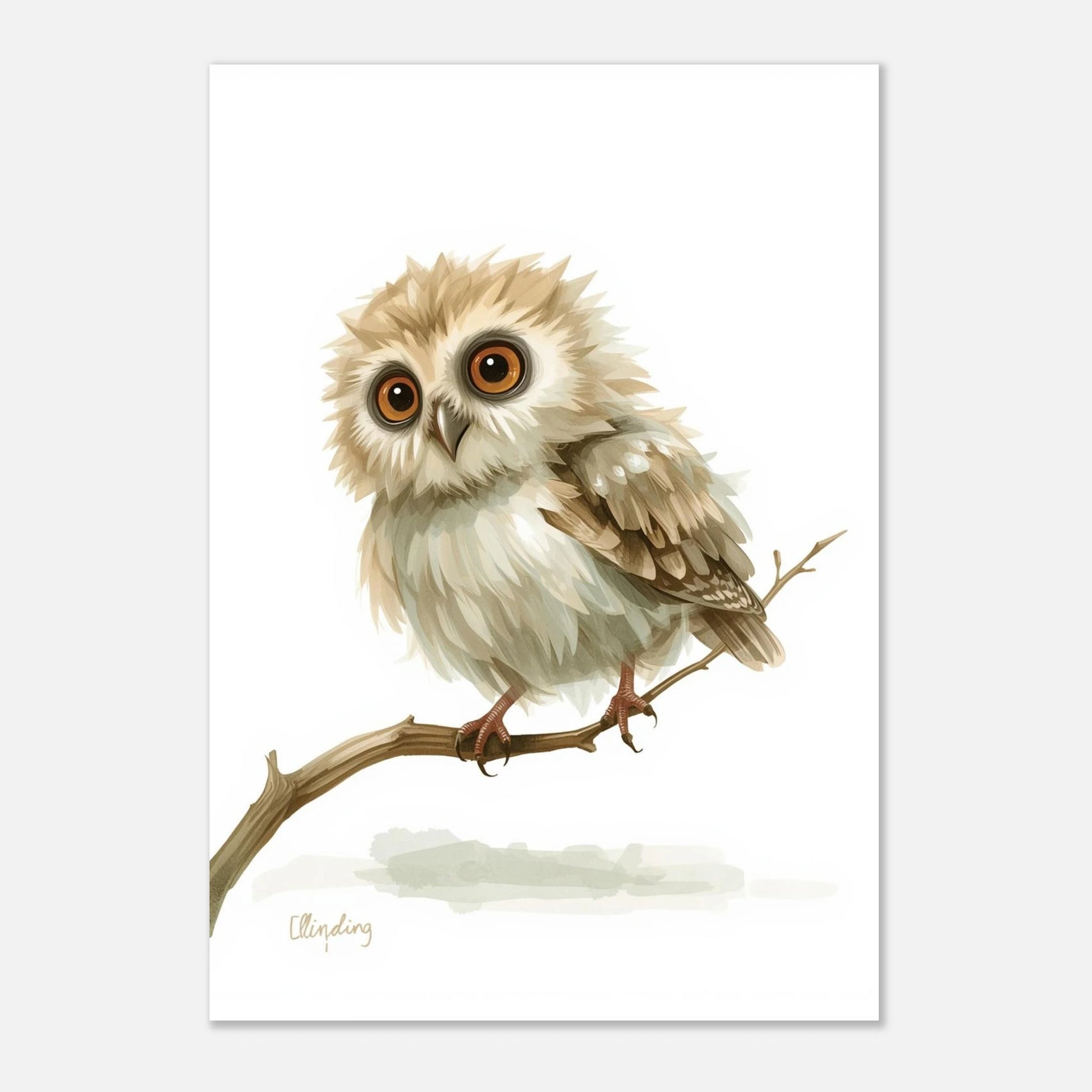 Charmig uggleillustration med stora ögon och mjuka fjädrar mot vit bakgrund