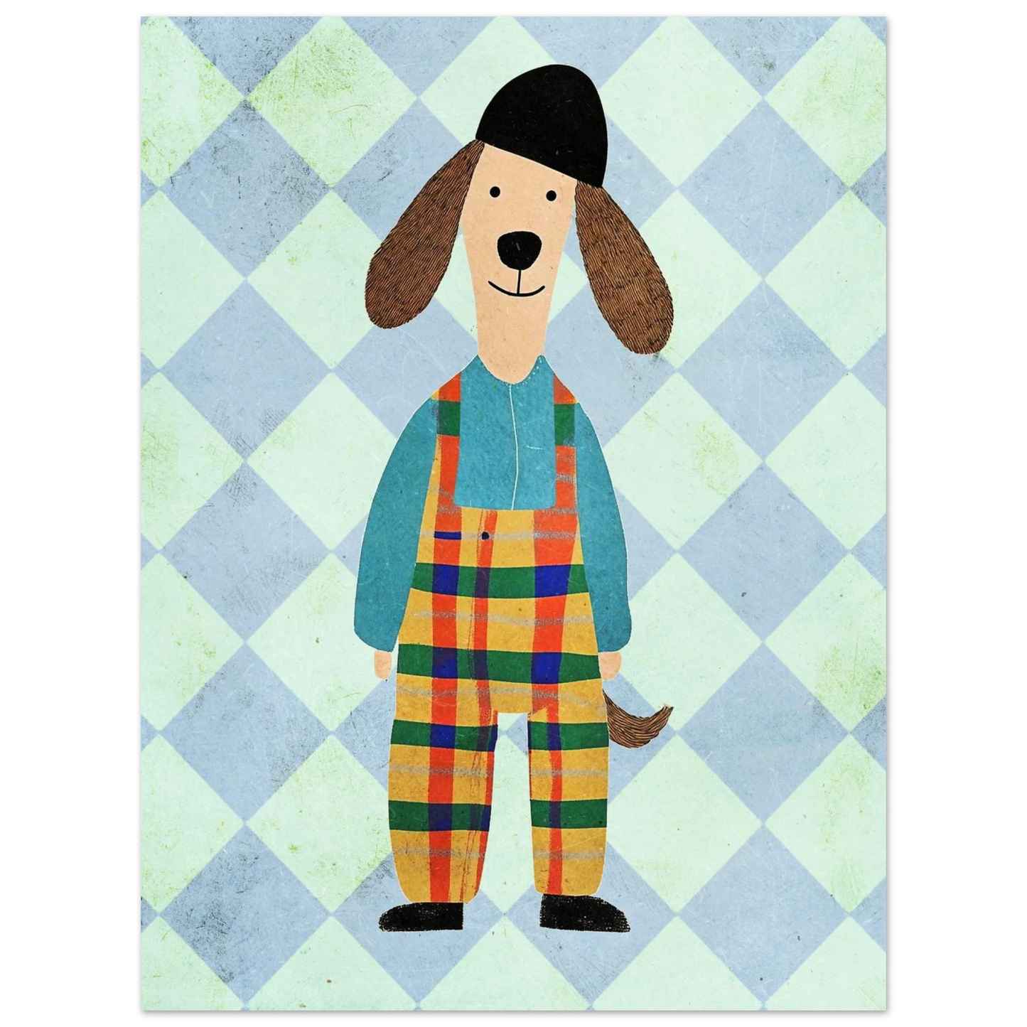 Kollageinspirerad djurposter med en hund i gula och röda rutiga kläder