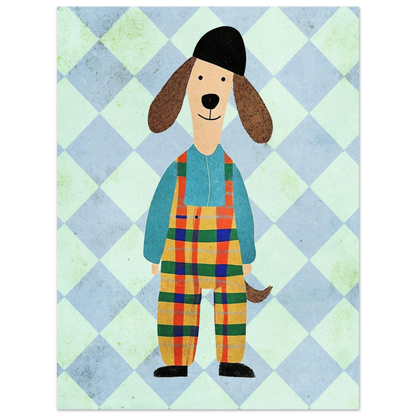 Kollageinspirerad djurposter med en hund i gula och röda rutiga kläder