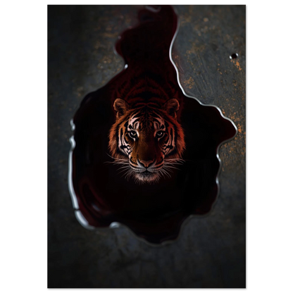 Tiger ansikte reflekteras i en mörk pöl på svart bakgrund