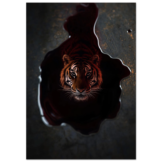 Tiger ansikte reflekteras i en mörk pöl på svart bakgrund