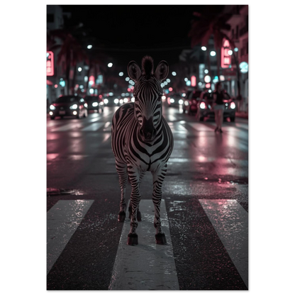 Nattlig djurposter med zebra omgiven av suddiga billyktor och neon