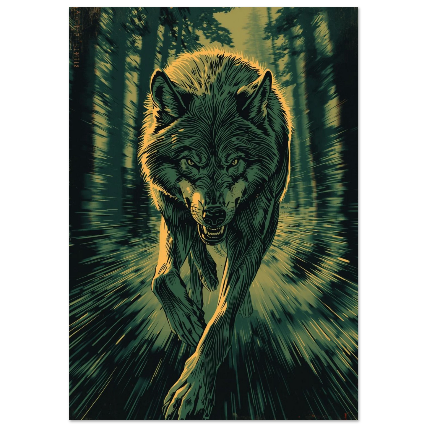 Varg i full galopp genom mörk skog – grafisk djurposter