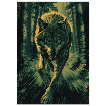 Varg i full galopp genom mörk skog – grafisk djurposter