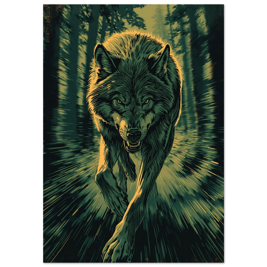 Varg i full galopp genom mörk skog – grafisk djurposter