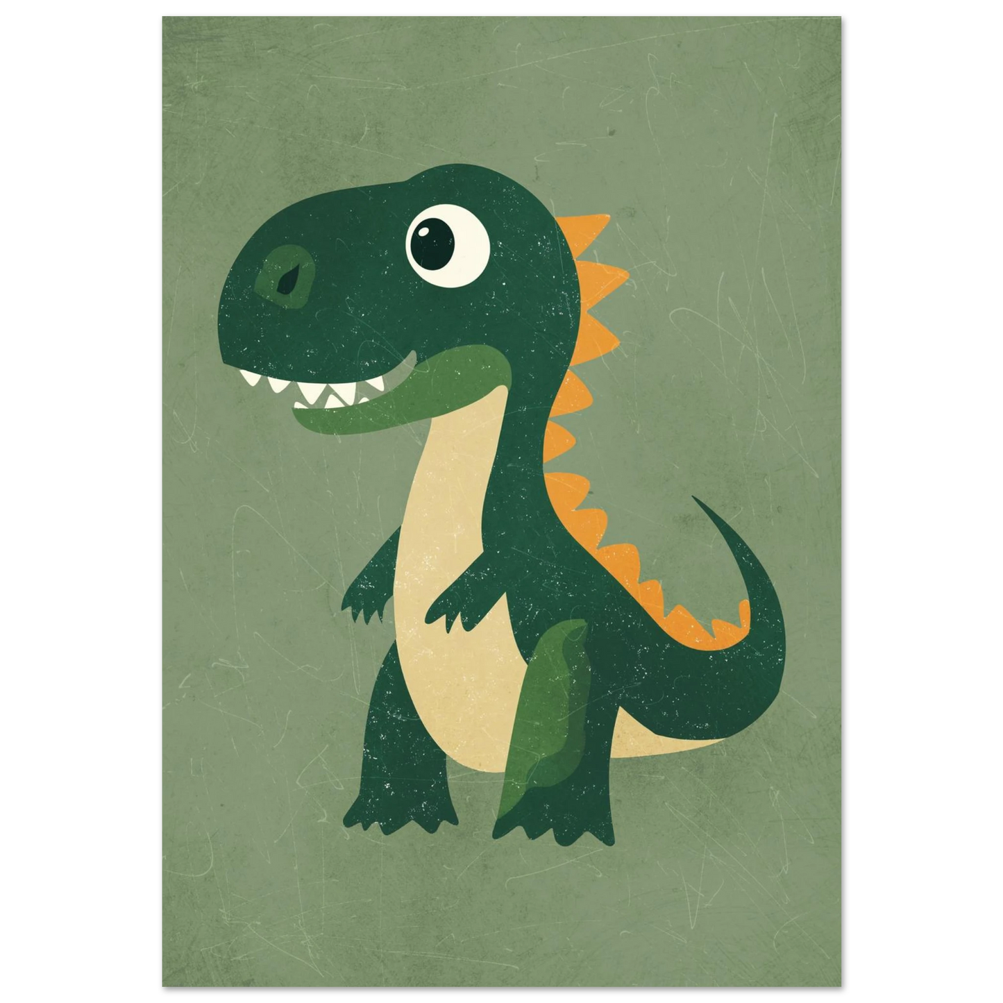 Grön tecknad dinosaurie med orange ryggtaggar på mörkgrön bakgrund
