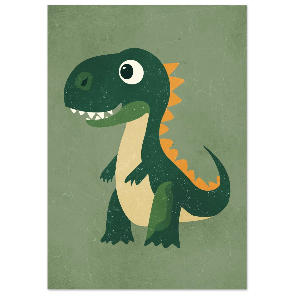 Grön tecknad dinosaurie med orange ryggtaggar på mörkgrön bakgrund